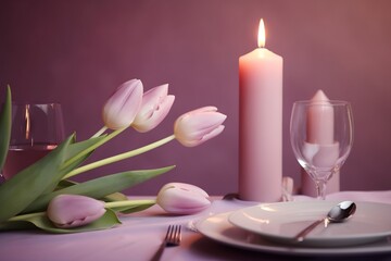 Obraz na płótnie Canvas a table with a candle and a plate with a flower on it and a glass of wine on the side of the table and a plate with a fork and a candle on the table. generative ai