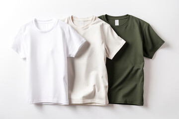  three t - shirts hanging on a wall with a white wall in the background and a green one in the foreground with a white wall in the background.  generative ai