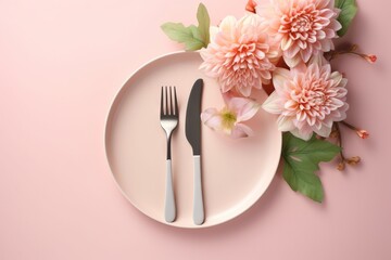  a plate with a fork and knife on it next to a pink flower arrangement on a pink background with leaves and flowers on the plate. generative ai