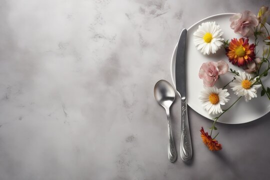  a white plate topped with flowers next to a fork and knife on a table top with a marble surface in the middle of the plate.  generative ai