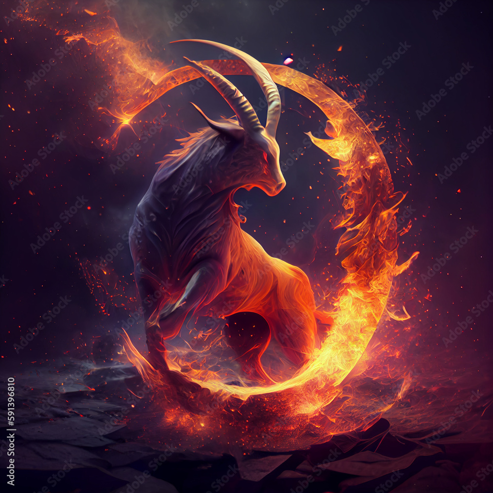 Poster the zodiac sign capricorn of is in a fiery environment, fire and energy. generative ai technology.