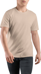 Mockup nude, tan canvas bella t-shirt on guy, png, front view