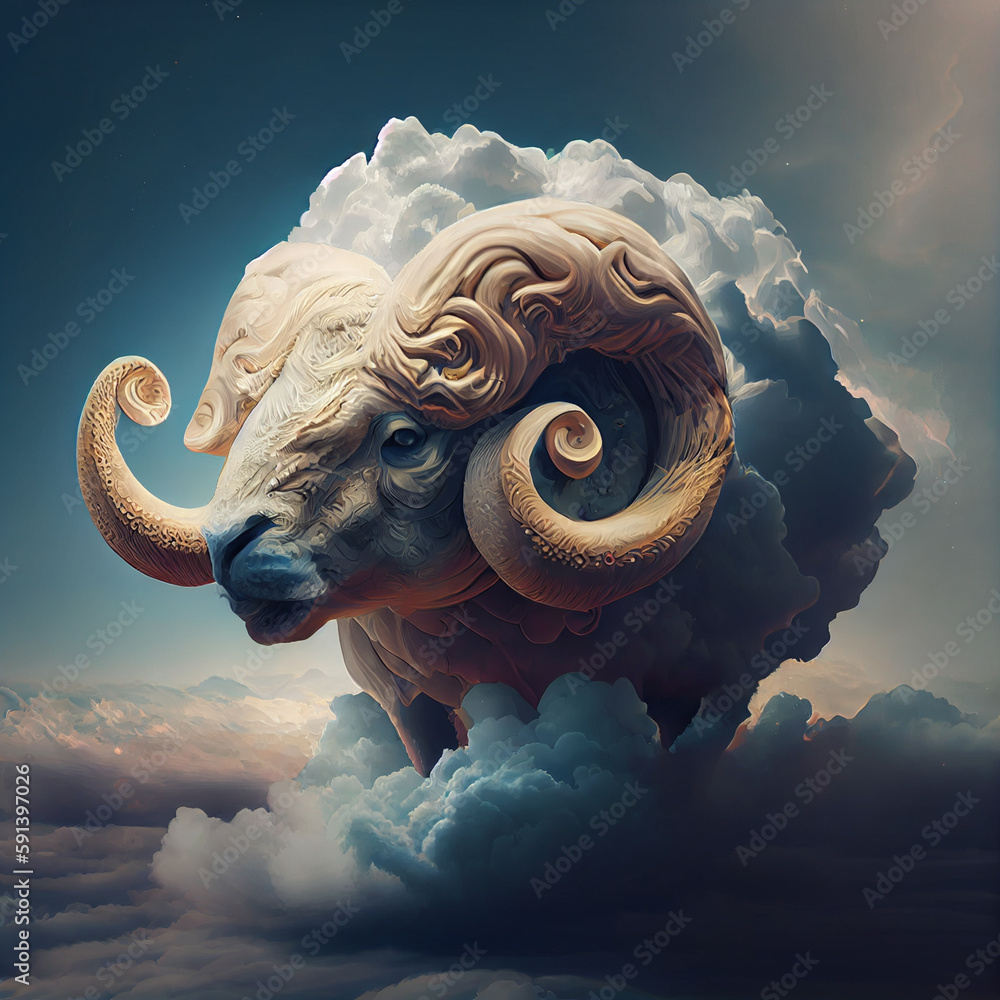 Poster the zodiac sign of aries is among the wind and clouds, air and movement. generative ai technology.