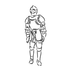 Knight armour engraving vector illustration. Scratch board style imitation. Black and white hand drawn image.