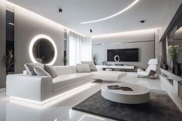 Fototapeta na wymiar a modern living room with white furniture and a circular mirror on the wall above the couch and a large circular mirror on the wall above the couch. generative ai