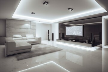 a modern living room with a large flat screen tv on the wall and a white couch in front of the tv on the wall, and a white rug on the floor.  generative ai