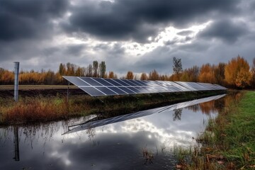  a solar panel sitting on the side of a body of water under a cloudy sky with trees in the background and a body of water in the foreground.  generative ai