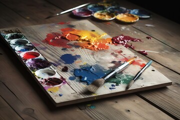  a wooden table with paint and a palette of paint on it with a brush and palette of watercolors on the table next to it.  generative ai