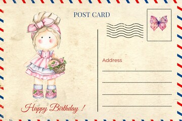 Hand drawn watercolor greetings card with flowers and Tilda. Illustration of watercolor, flowers and plants . Pictures for poster, invitation, postcard, background and scrapbooking.