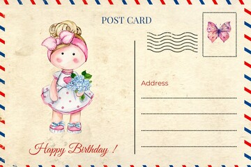 Hand drawn watercolor greetings card with flowers and Tilda. Illustration of watercolor, flowers and plants . Pictures for poster, invitation, postcard, background and scrapbooking.