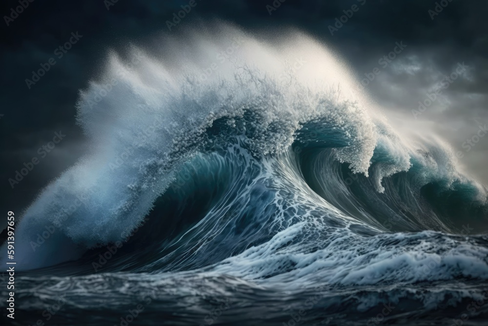 Poster massive wave crashing in the middle of the ocean. generative ai