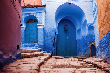 Old houses in the famous Chefchaouen Blue Town in Morocco, generative AI