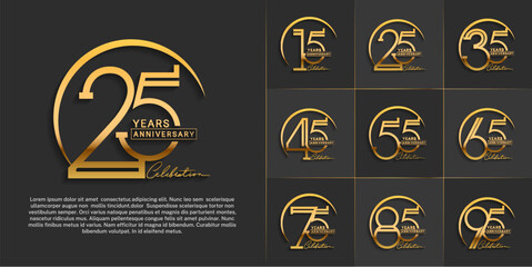 set of anniversary logotype golden color with handwriting for special celebration event - obrazy, fototapety, plakaty