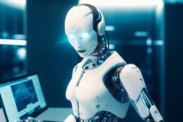 Obraz na płótnie Canvas Female artificial intelligence robot doing office job at the desk. Generative AI