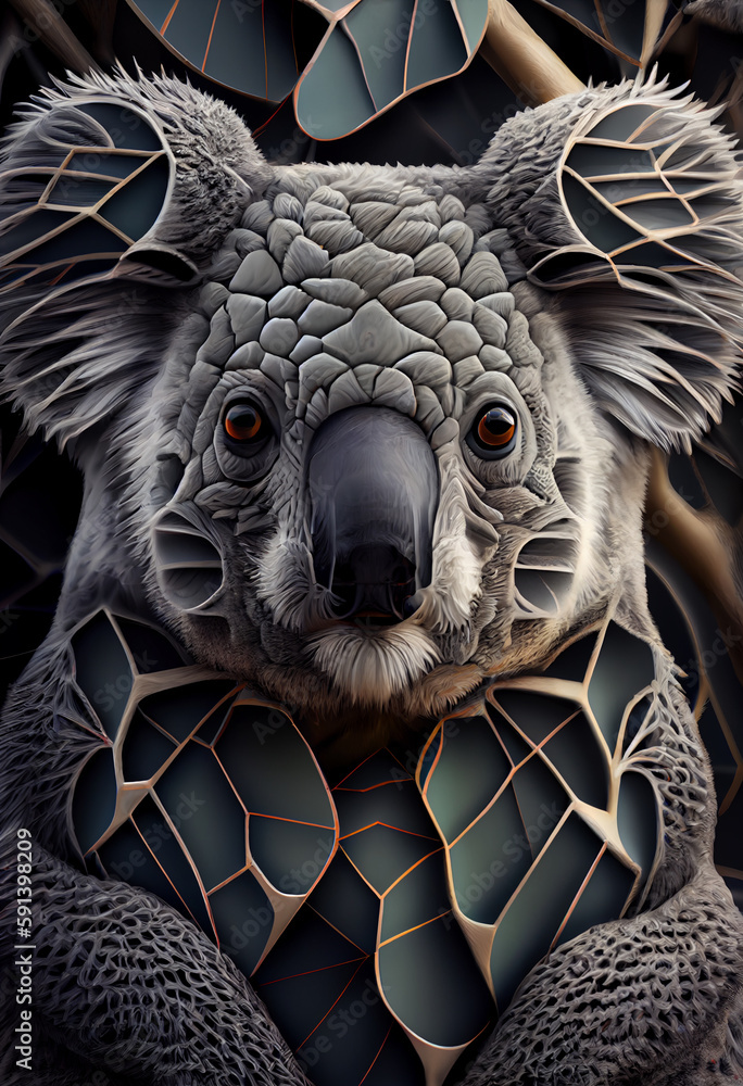 Poster A complex, multi-layered pattern of interlocking shapes that resembles a Koala face. Generative AI technology.	