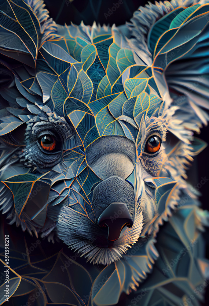 Poster A complex, multi-layered pattern of interlocking shapes that resembles a Koala face. Generative AI technology.	