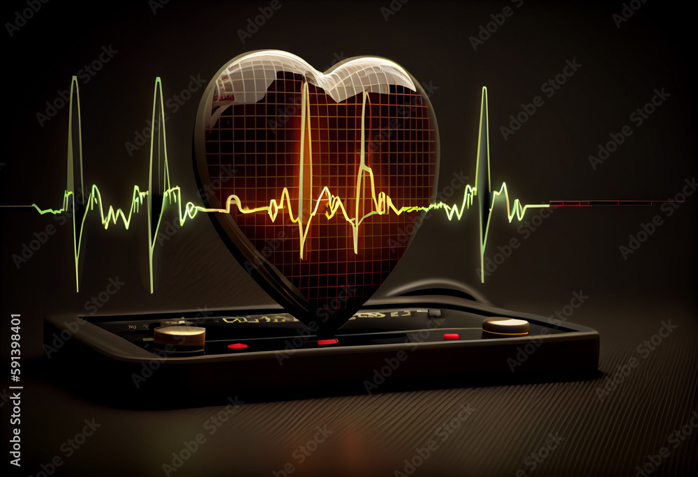 Poster A heart rate monitor displaying a person's heart rate, with a line graph showing the ups and downs of their heart's rhythm. Generative AI technology.	