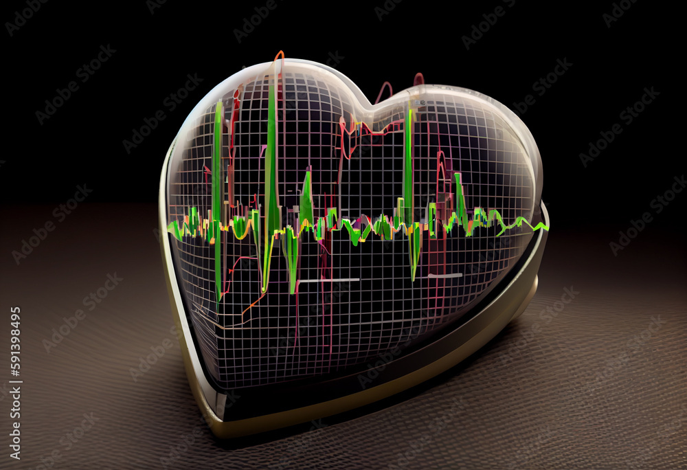 Poster A heart rate monitor displaying a person's heart rate, with a line graph showing the ups and downs of their heart's rhythm. Generative AI technology.	