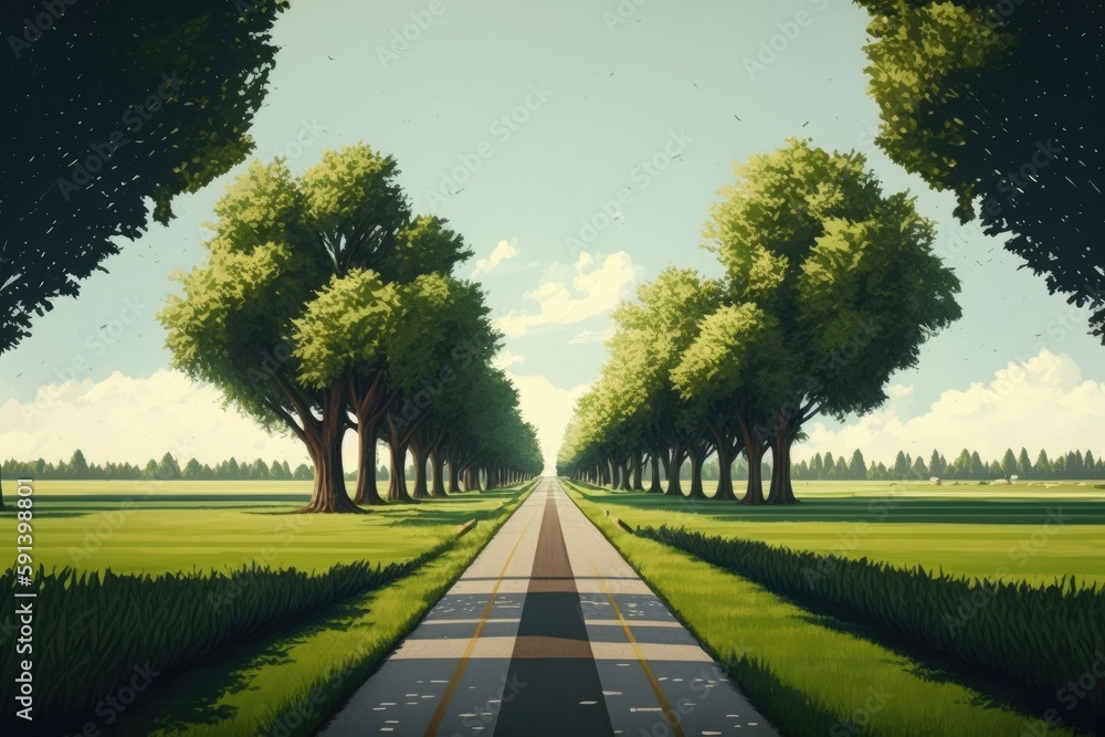 Poster serene road flanked by trees on both sides in a natural setting. generative ai