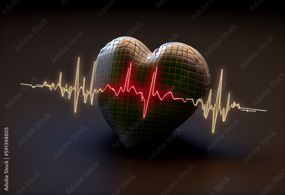 Poster A heart rate monitor displaying a person's heart rate, with a line graph showing the ups and downs of their heart's rhythm. Generative AI technology.	