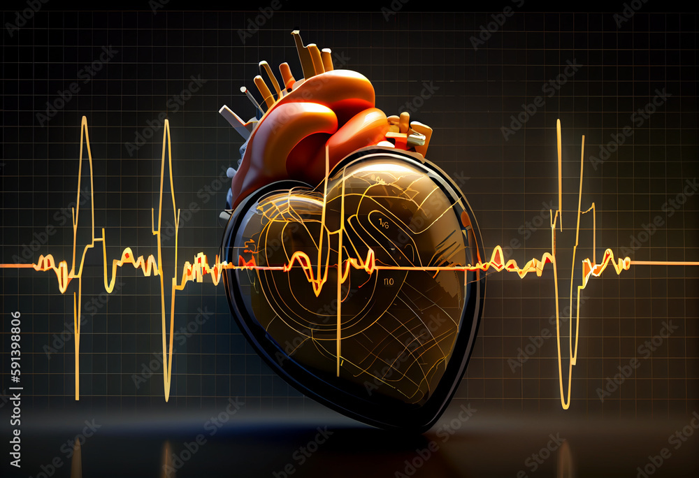 Poster A heart rate monitor displaying a person's heart rate, with a line graph showing the ups and downs of their heart's rhythm. Generative AI technology.	