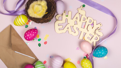 Colored Easter eggs with little chicken. Easter card