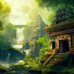 Stone temple ruins covered with moss and a waterfall in a jungle, generative AI