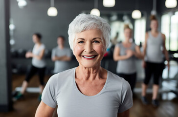 Smiling senior fitness woman Generative AI - obrazy, fototapety, plakaty