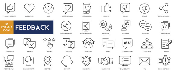 Feedback icons set thin line with editable stroke. Feedback, rating, like, dislike, customer, social network, mail, chat, good, testimonials icons collection vector illustrations on white background - obrazy, fototapety, plakaty