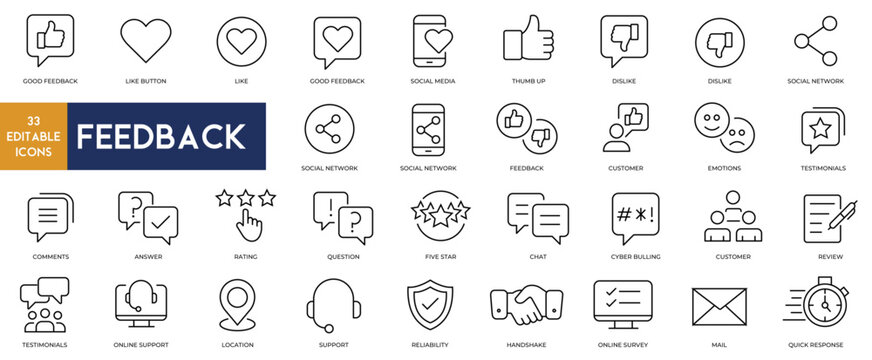 Feedback icons set thin line with editable stroke. Feedback, rating, like, dislike, customer, social network, mail, chat, good, testimonials icons collection vector illustrations on white background