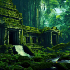 Stone temple ruins covered with moss and a waterfall in a jungle, generative AI