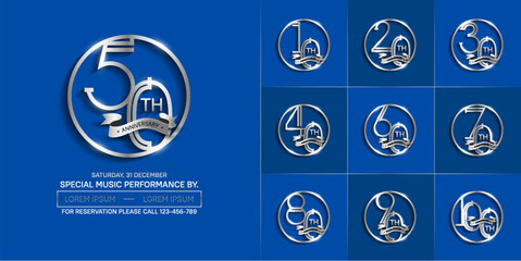 set of anniversary logotype silver color in circle and ribbon for special celebration event