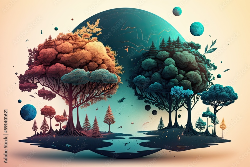 Aufkleber surreal landscape with towering trees and multiple planets in the vibrant sky. generative ai