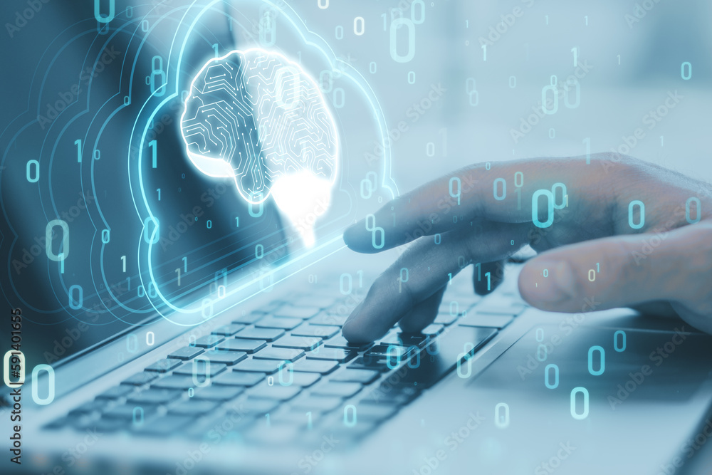 Poster Artificial Intelligence hardware concept. Close up of male hand using laptop with glowing cloud brain and circuit on background. Ai trading, machine learning, technology background. Double exposure.