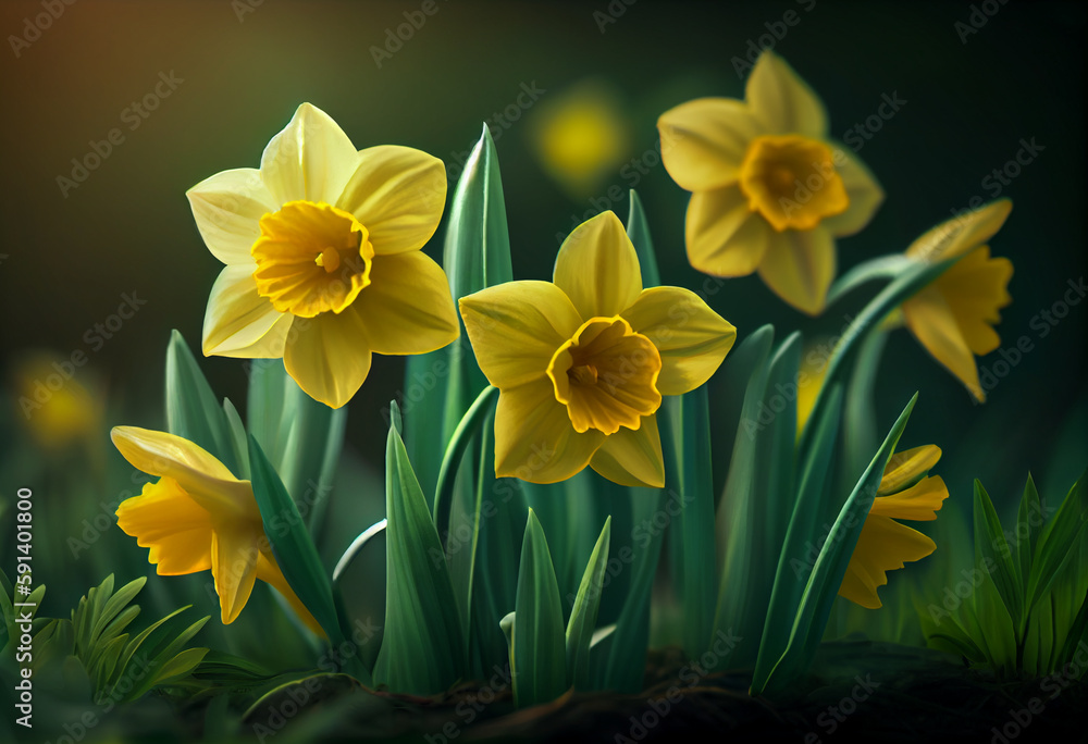 Poster yellow daffodils on a background of green leaves. generative ai technology