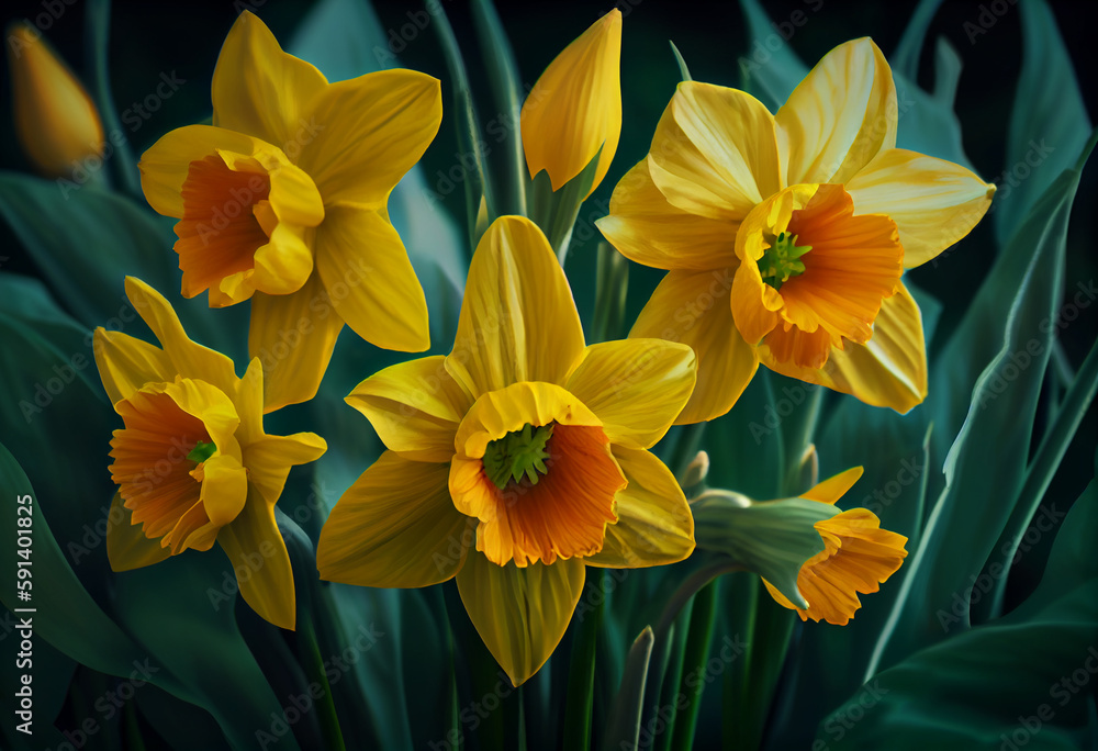 Poster yellow daffodils on a background of green leaves. generative ai technology