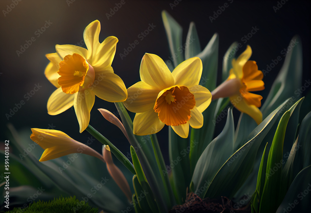 Poster yellow daffodils on a background of green leaves. generative ai technology