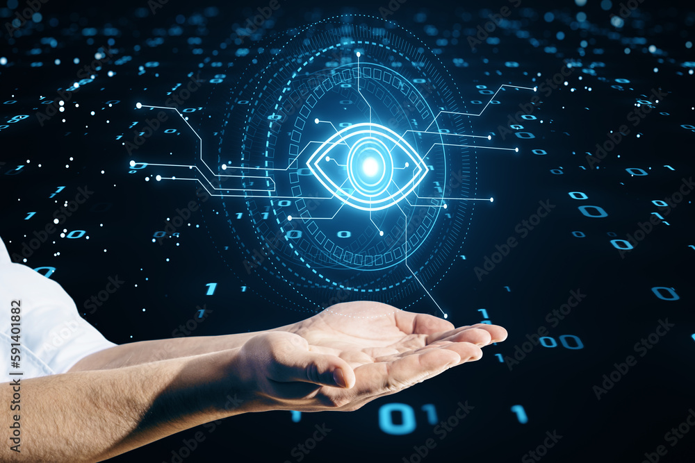 Poster close up of male hands holding cyber spy technology hologram, virtual eye of internet control survei