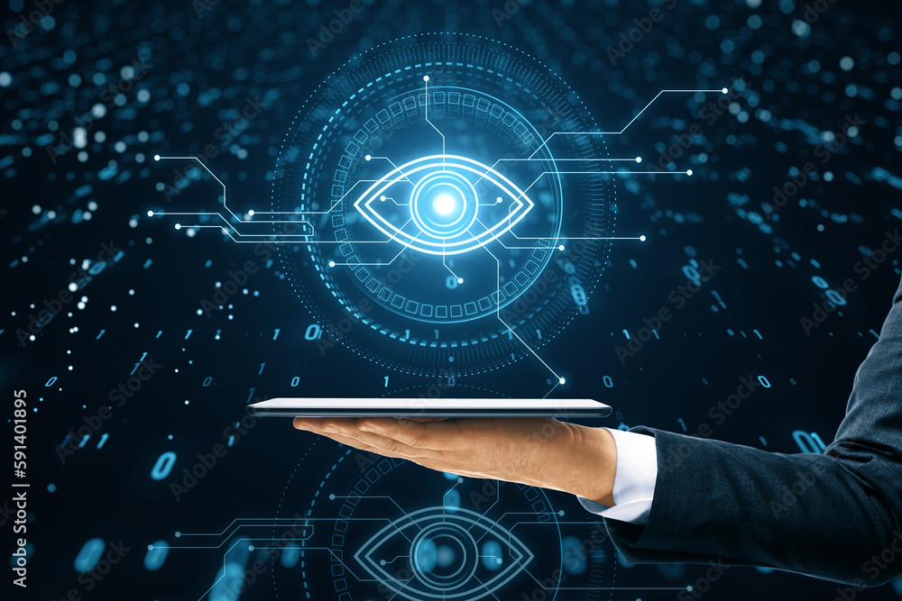 Poster close up of male hand holding cellphone with cyber spy technology hologram, virtual eye of internet 