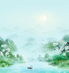 Chinese style artistic conception watercolor landscape painting background
