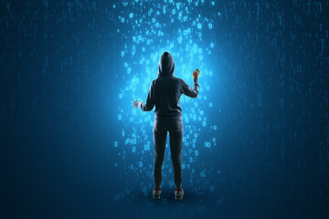Back view of hacker using abstract glowing binary code hologram on blue background. Programming,...