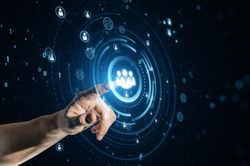 Close up of male hand using glowing people icons hologram. Creative global structure networking and data exchanges customer connection on dark background.