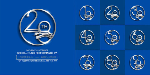 set of anniversary logotype silver color in circle and ribbon for special celebration event
