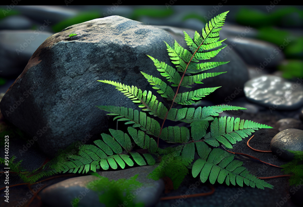 Poster green leaves of fern on the background of stones. generative ai technology.