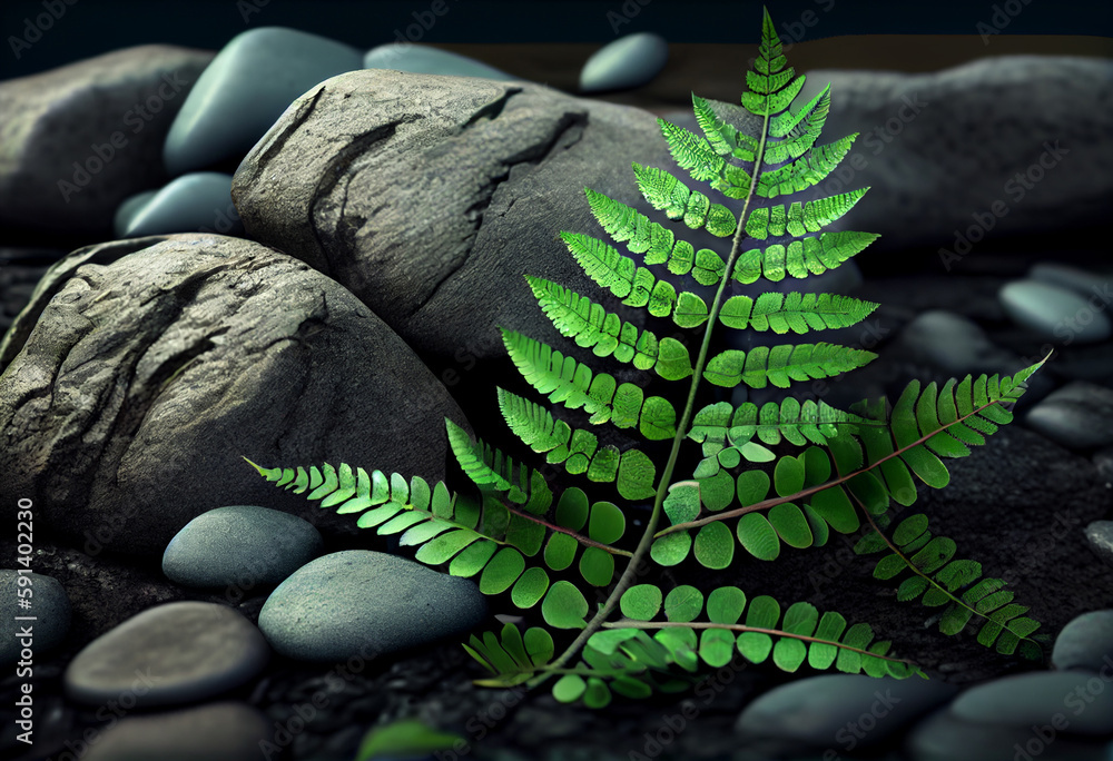Aufkleber green leaves of fern on the background of stones. generative ai technology.