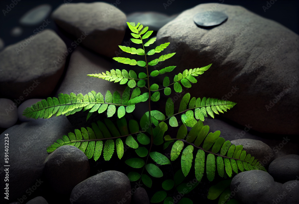 Poster green leaves of fern on the background of stones. generative ai technology.