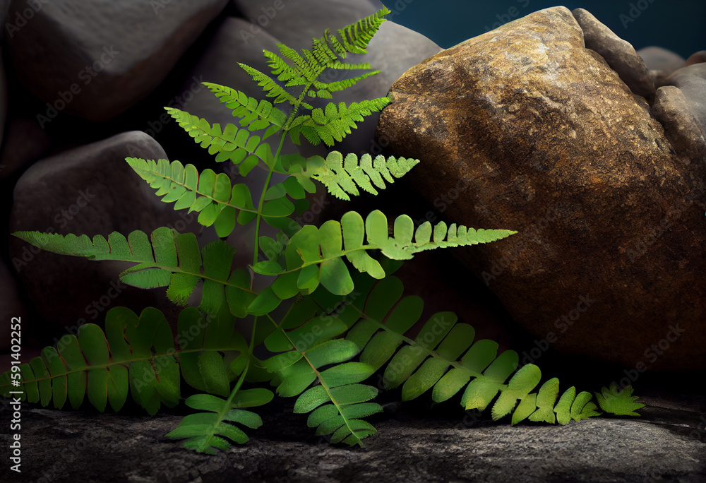 Poster green leaves of fern on the background of stones. generative ai technology.