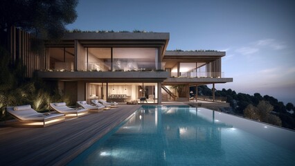 Luxury Modern Home, Villa and Backyard and swimming pool, Generated by AI