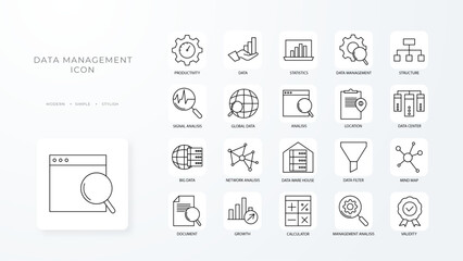 Data management icons collection with black outline style. growth, management, marketing, optimization, organization, planning, portfolio. Vector Illustration