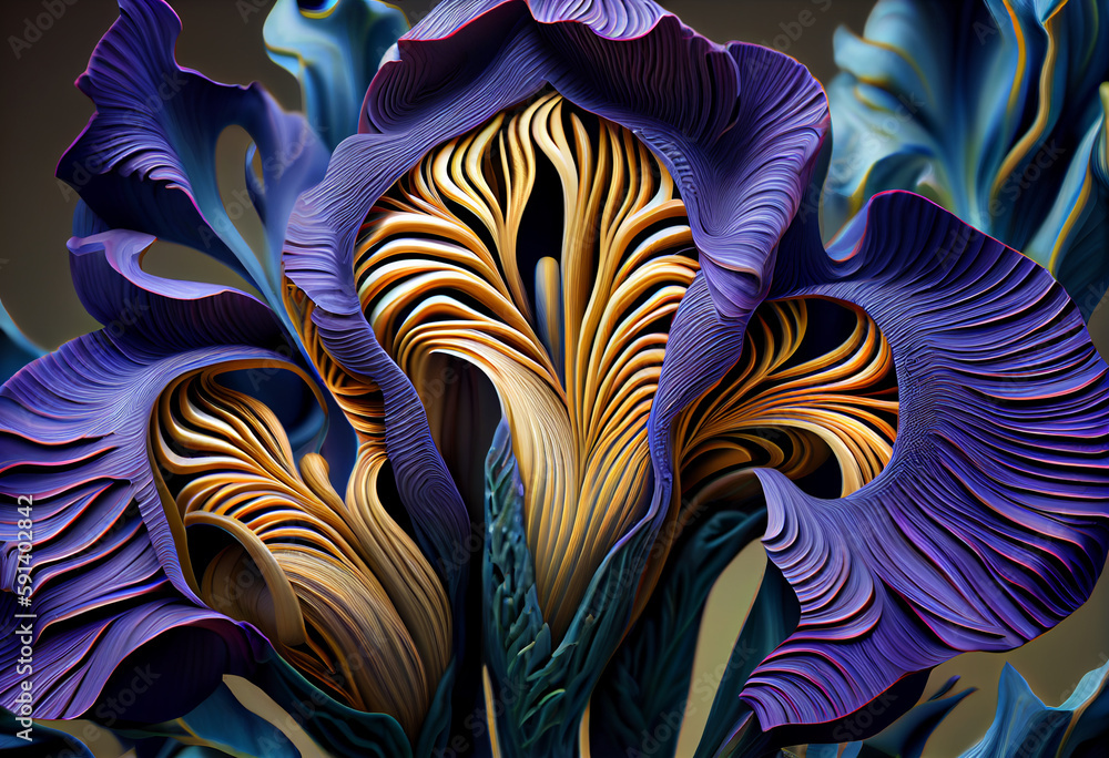 Poster a complex, multi-layered pattern of interlocking shapes that resembles a iris flower. generative ai 